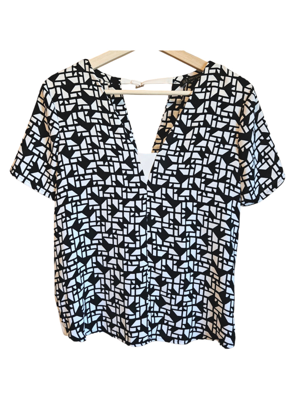 Zara Women's Geographic Print Short Sleeve Blouse Black Cream Women's Medium